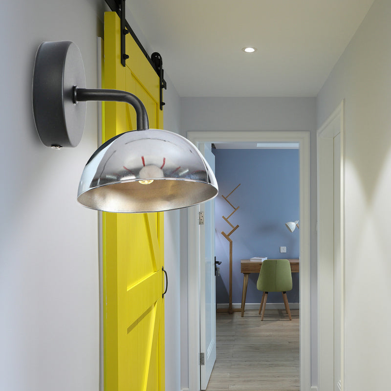 1 Light Wall Sconce Industrial Dome Shade Metal Down Wall Light with Curved Arm in Black/Brass for Bedroom