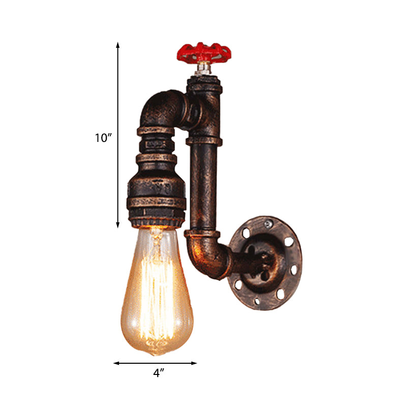 Rustic Style Piped Wall Sconce with Valve Wheel 1 Bulb Wrought Iron Wall Mounted Light in Bronze