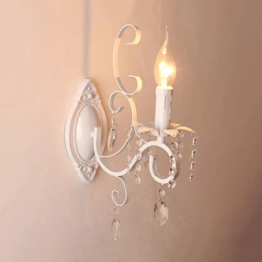 Candle Shape Wall Light Classic Stylish Metal Wall Lamp in White with Clear Crystal for Lodge