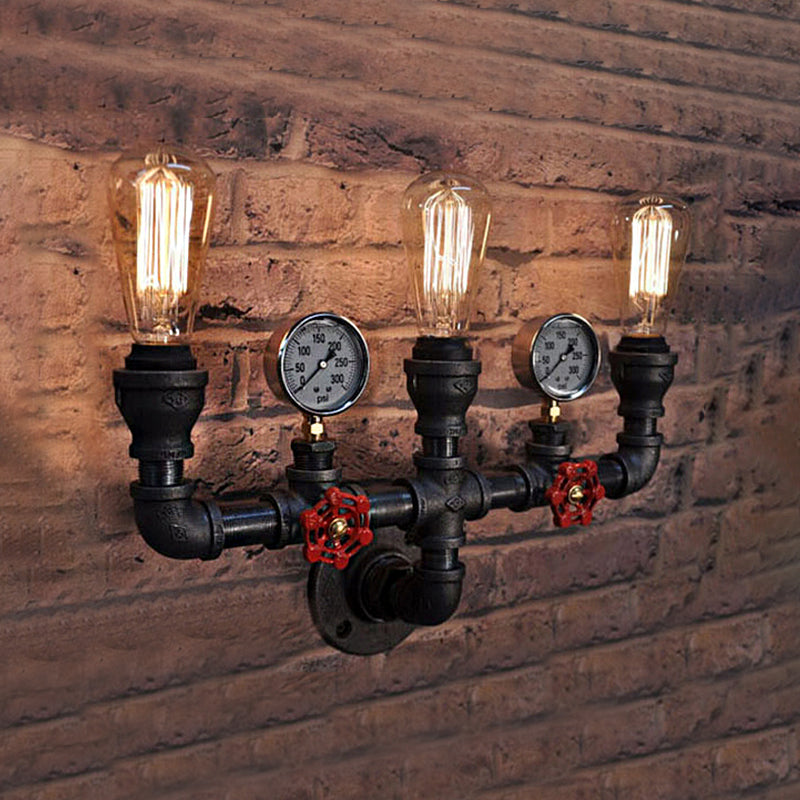 2/3 Lights Wall Mount Light with Pipe and Gauge Metal Steampunk Restaurant Wall Lighting in Black