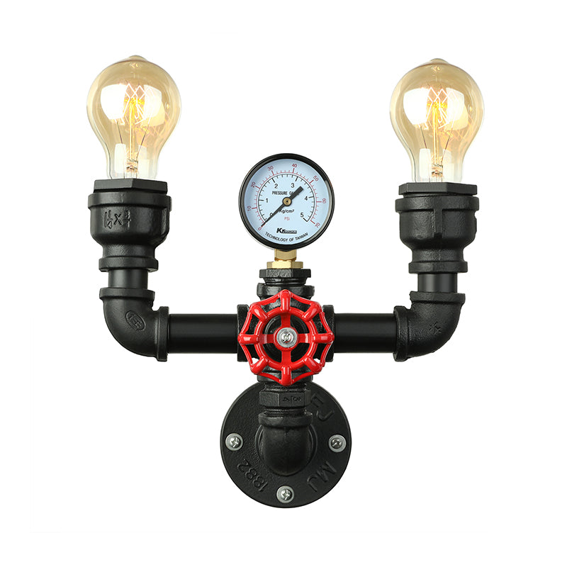 2/3 Lights Wall Mount Light with Pipe and Gauge Metal Steampunk Restaurant Wall Lighting in Black