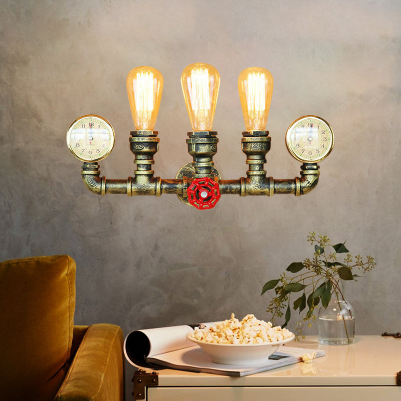 3 Lights Pipe Wall Lighting with Gauge and Valve Decoration Rustic Stylish Antique Brass Metal Wall Mount Light