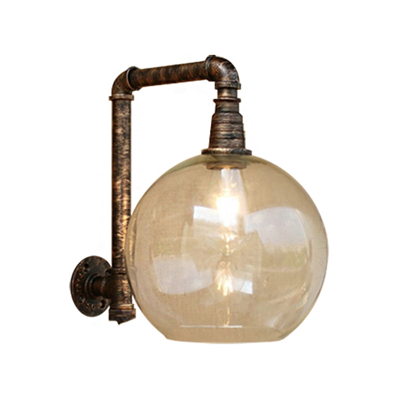Globe Stairway Wall Lamp Industrial Clear Glass 1 Light Aged Brass Wall Mount Light with Angle Pipe, 8"/10" Width