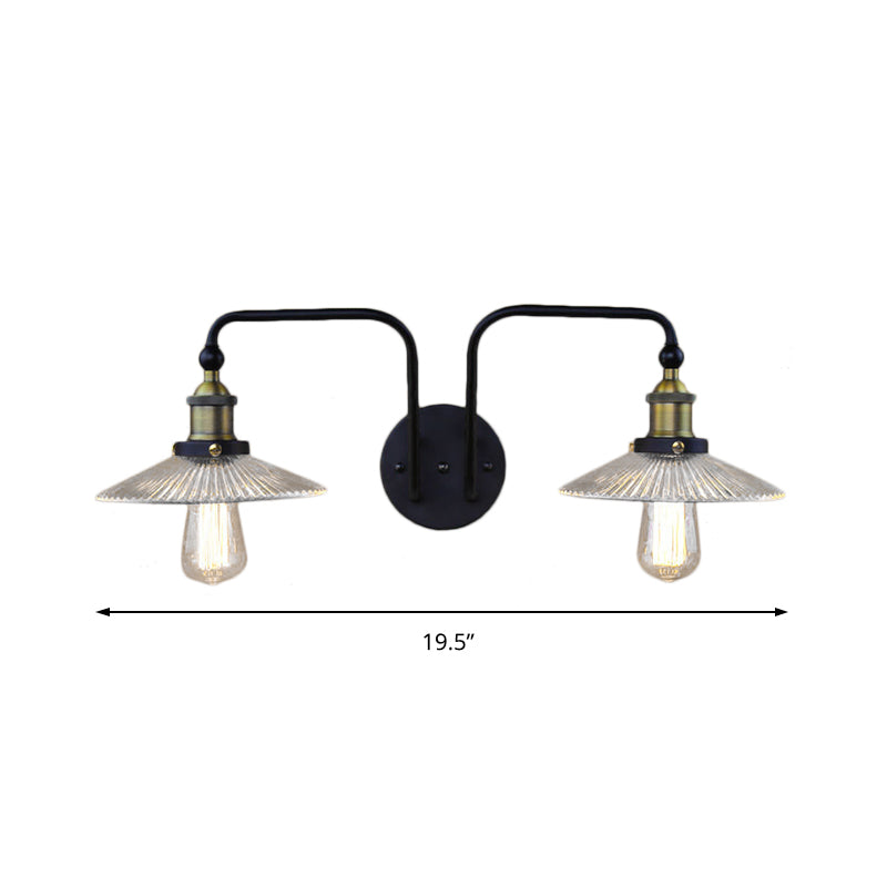 Cono Sala de estar Luz de la pared Vidrio acanalado industrial Lámpara de aplano negra de 2 luces para dormitorio