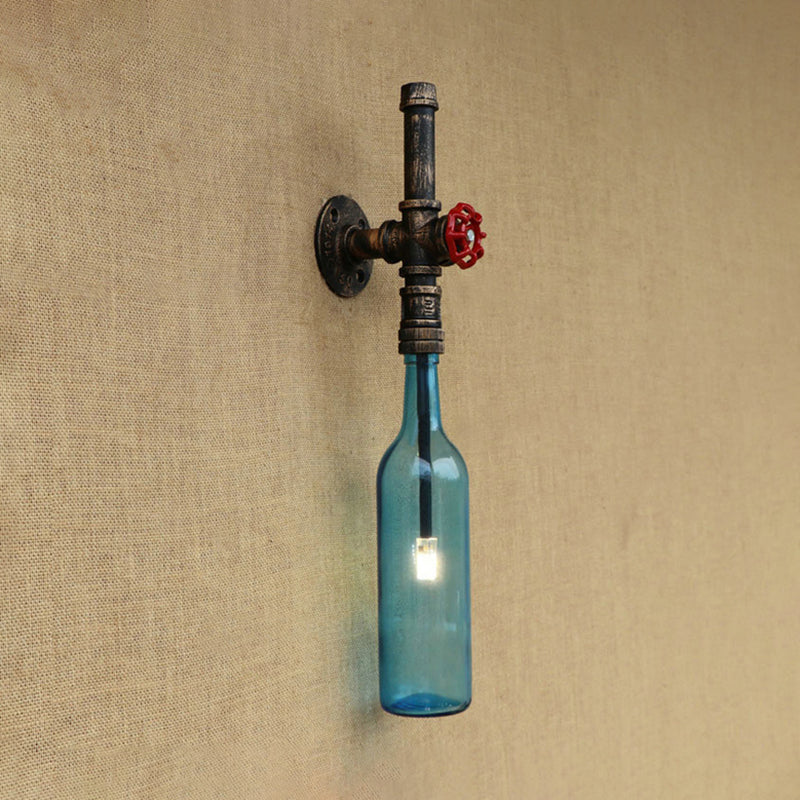 Glass Wine Bottle Wall Lighting Rustic Industrial 1 Light Restaurant Blue/Clear Wall Sconce Light with Red Valve