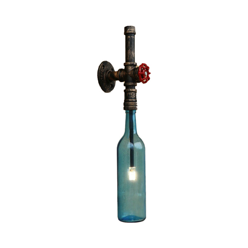 Glass Wine Bottle Wall Lighting Rustic Industrial 1 Light Restaurant Blue/Clear Wall Sconce Light with Red Valve