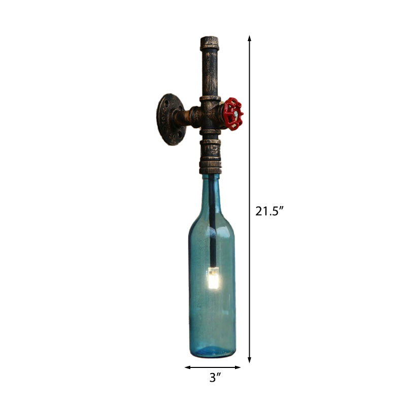 Glass Wine Bottle Wall Lighting Rustic Industrial 1 Light Restaurant Blue/Clear Wall Sconce Light with Red Valve
