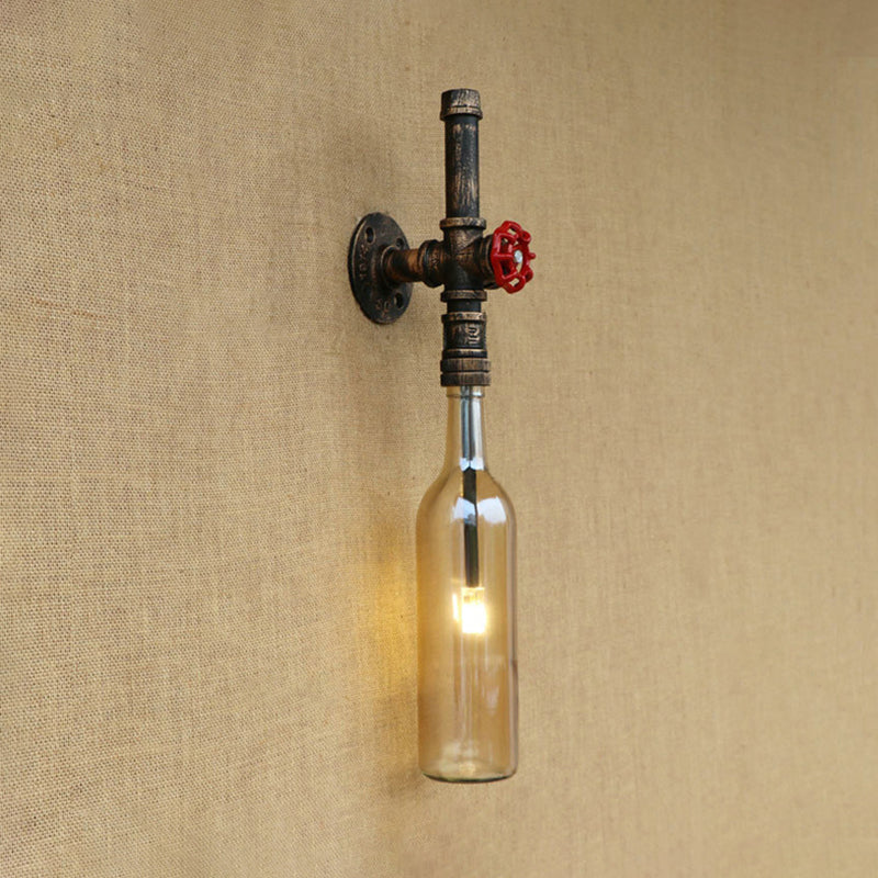 Glass Wine Bottle Wall Lighting Rustic Industrial 1 Light Restaurant Blue/Clear Wall Sconce Light with Red Valve