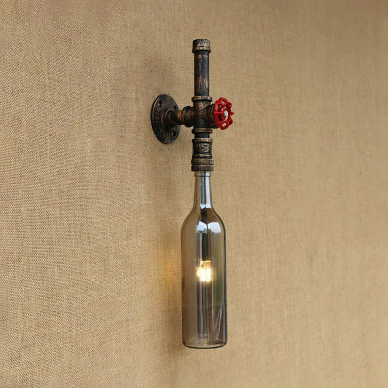 Glass Wine Bottle Wall Lighting Rustic Industrial 1 Light Restaurant Blue/Clear Wall Sconce Light with Red Valve