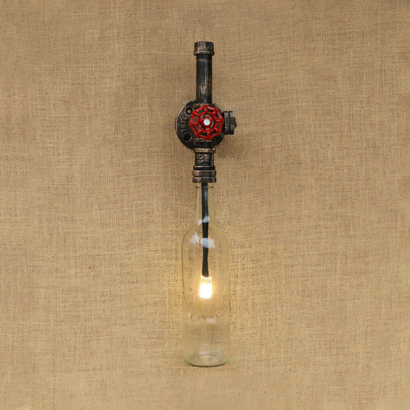 Glass Wine Bottle Wall Lighting Rustic Industrial 1 Light Restaurant Blue/Clear Wall Sconce Light with Red Valve