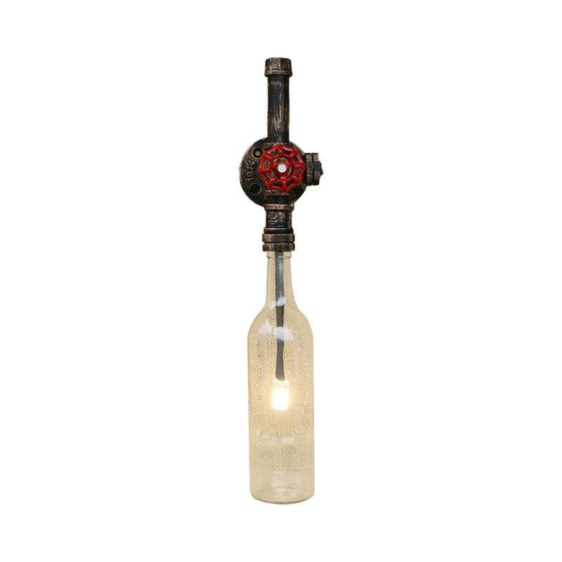 Glass Wine Bottle Wall Lighting Rustic Industrial 1 Light Restaurant Blue/Clear Wall Sconce Light with Red Valve