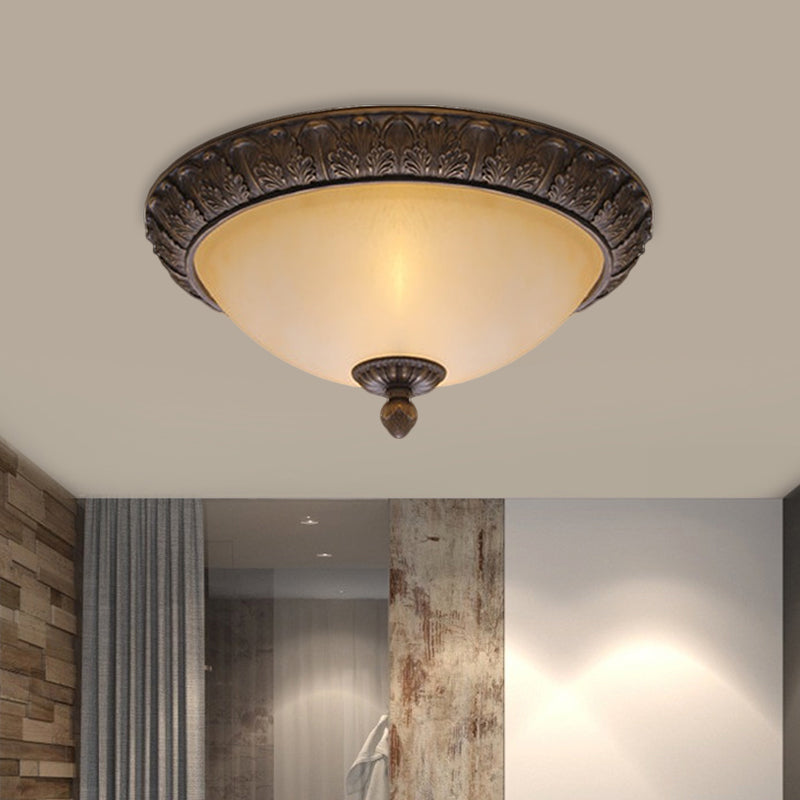 12.5"/15" Wide LED Flush Lamp Vintage Semi-Ball Amber Glass Ceiling Fixture in Brass for Balcony