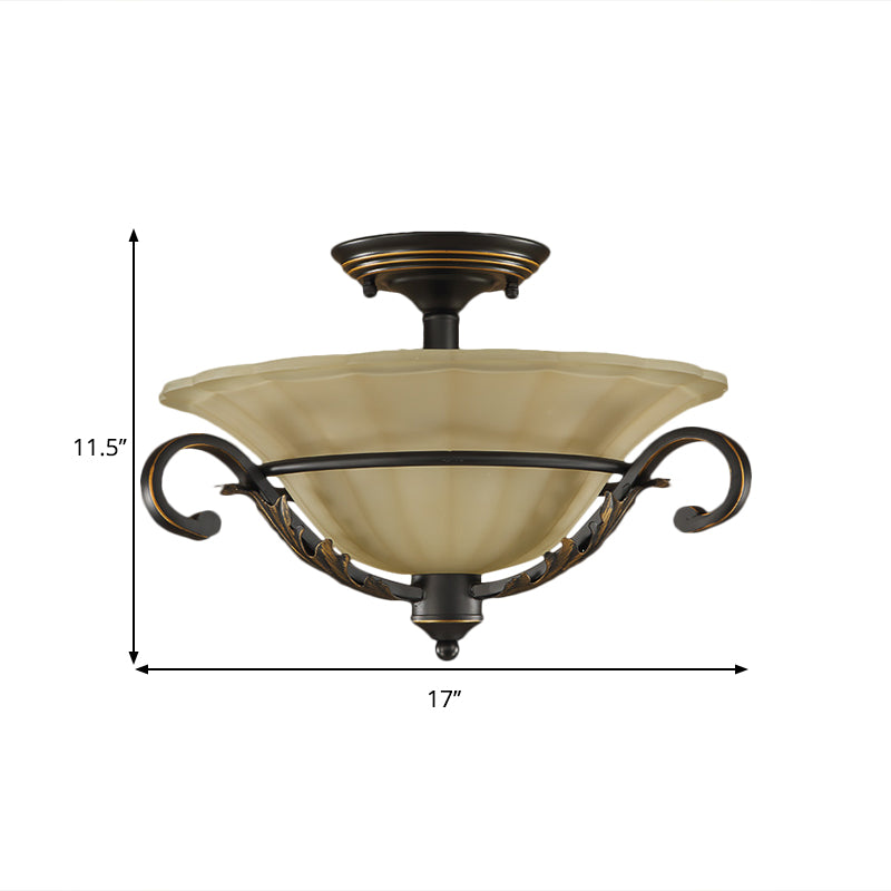 Bronze Bell Shape Flush Lamp Countryside Ribbed Opal Glass 3-Head Corridor Close to Ceiling Light