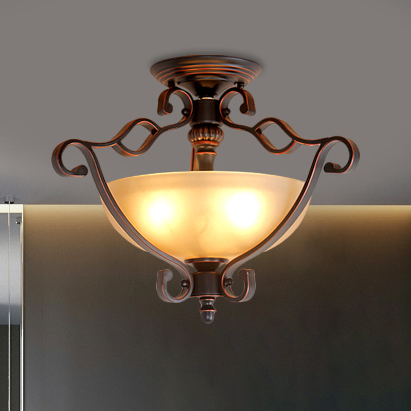Frosted Glass Bowl Semi Flush Rustic Style LED Bedroom Flush Mount Light Fixture in Bronze