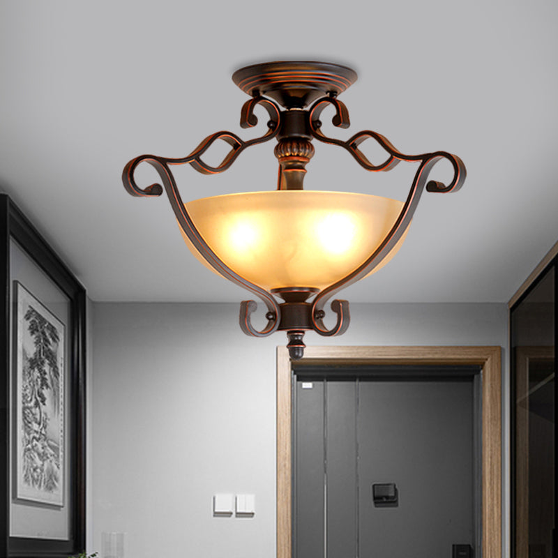 Frosted Glass Bowl Semi Flush Rustic Style LED Bedroom Flush Mount Light Fixture in Bronze