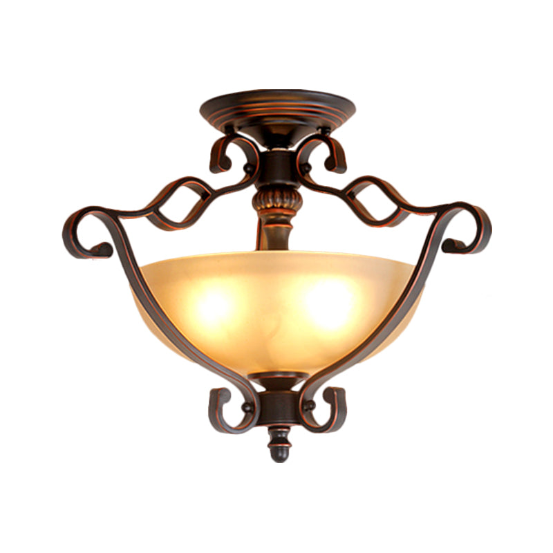 Frosted Glass Bowl Semi Flush Rustic Style LED Bedroom Flush Mount Light Fixture in Bronze