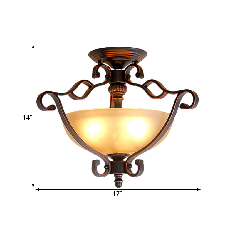 Frosted Glass Bowl Semi Flush Rustic Style LED Bedroom Flush Mount Light Fixture in Bronze