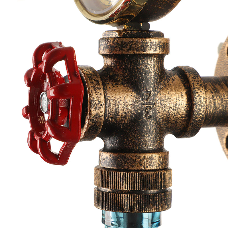 Brown/Blue Bottle Wall Sconce Lamp Vintage Stylish Glass 1 Bulb Living Room Wall Lighting with Gauge and Valve