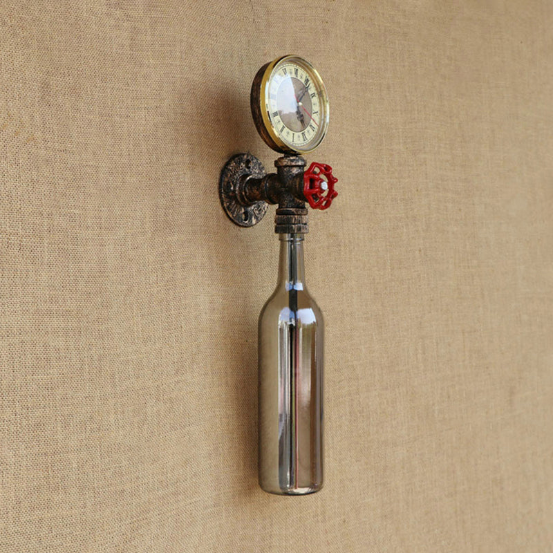 Brown/Blue Bottle Wall Sconce Lamp Vintage Stylish Glass 1 Bulb Living Room Wall Lighting with Gauge and Valve