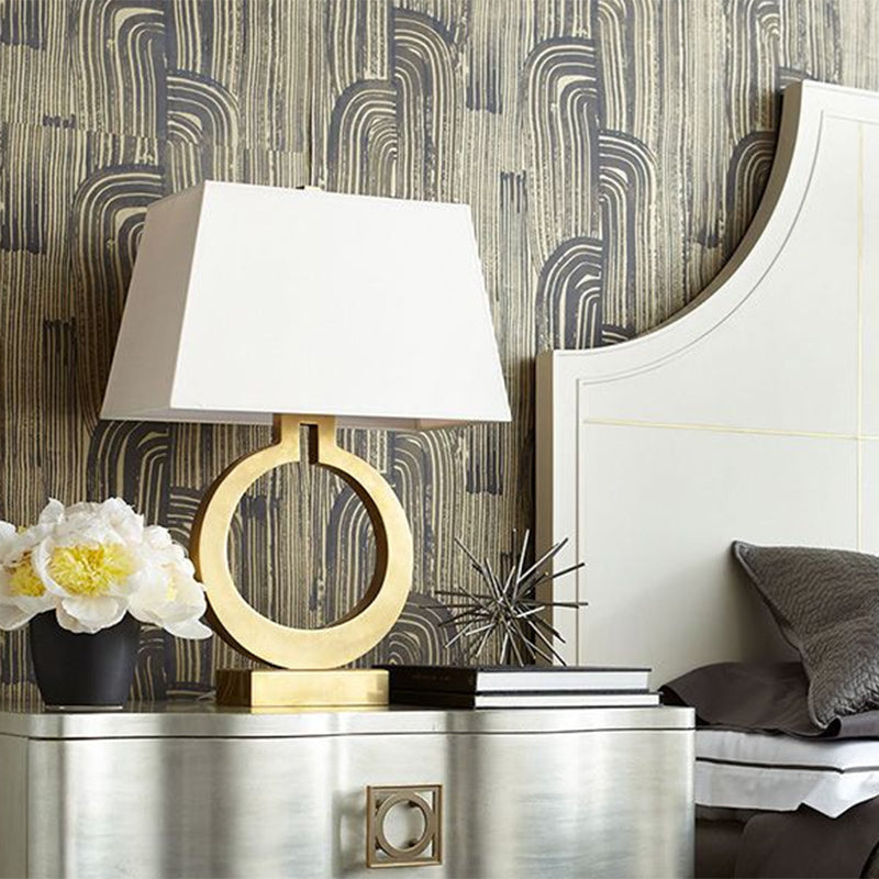 Trapeziumstof nachtlampje rustieke stijl 1 lichte studie kamer tafelverlichting met metalen ringontwerp in goud