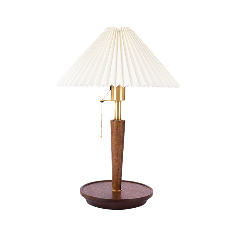 Fabric Fluted Cone Table Light Vintage Single Head Bedroom Reading Lamp with Wooden Base and Pull Chain in Dark Wood