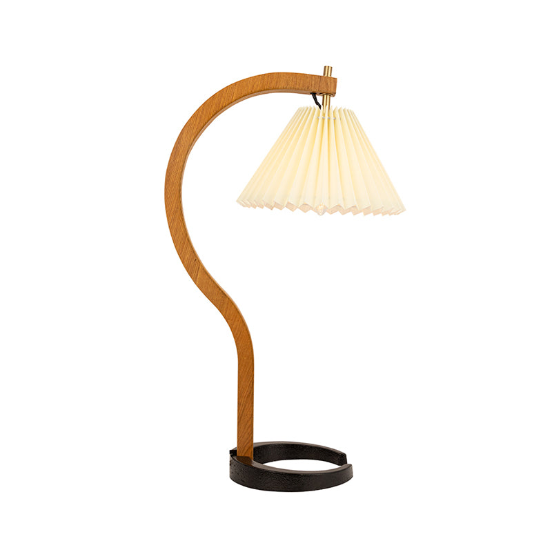 Lampada da scrivania conica a costine in stile retrò Illuminazione da comodino in tessuto a luce singola con braccio curvo in legno