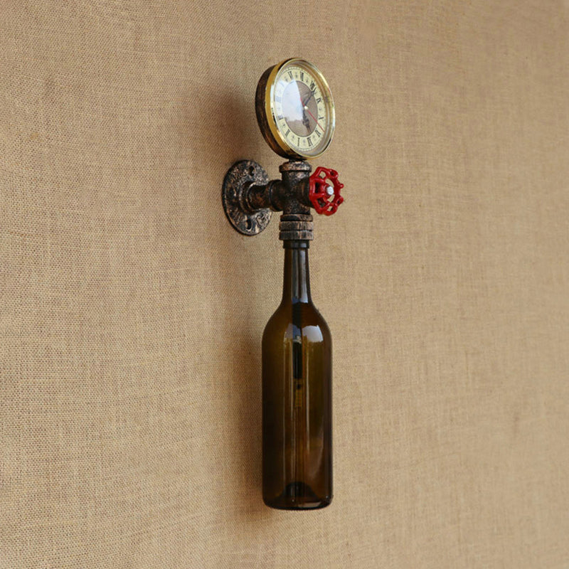 Brown/Blue Bottle Wall Sconce Lamp Vintage Stylish Glass 1 Bulb Living Room Wall Lighting with Gauge and Valve