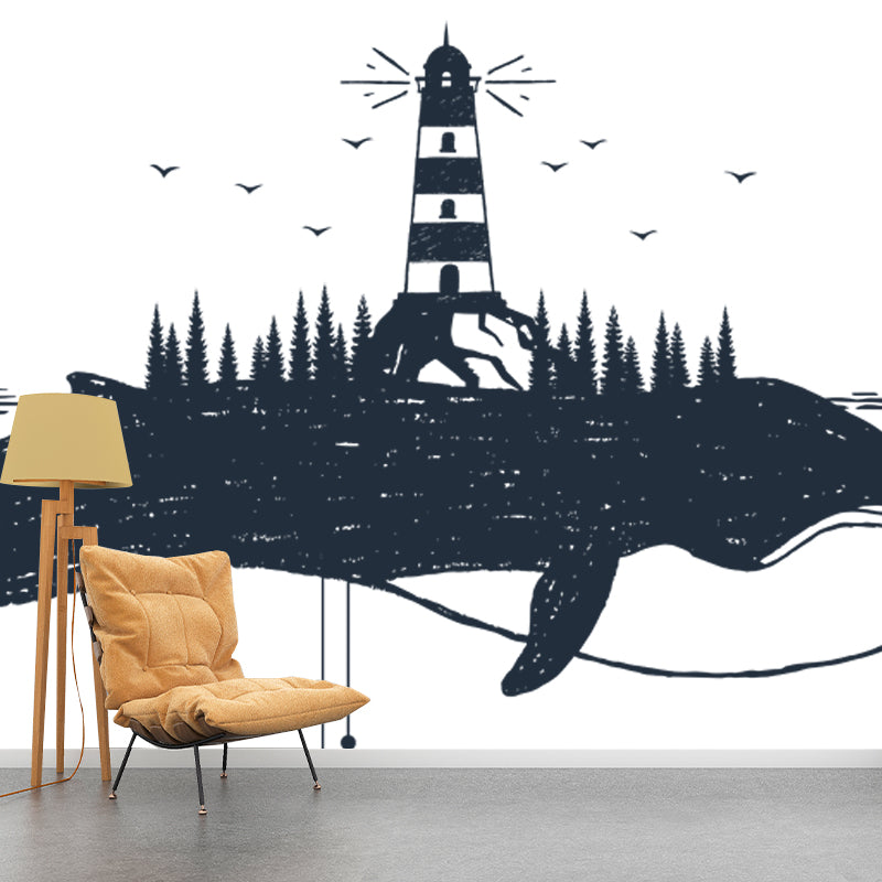 Black-White Modern Wall Mural Full-Size Tower on Whale Wall Covering for Accent Wall