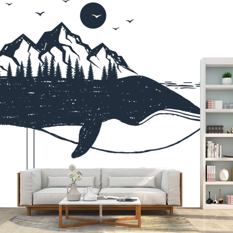 Mountain on the Whale Mural Black and White Modern Art Wall Covering for Bedroom