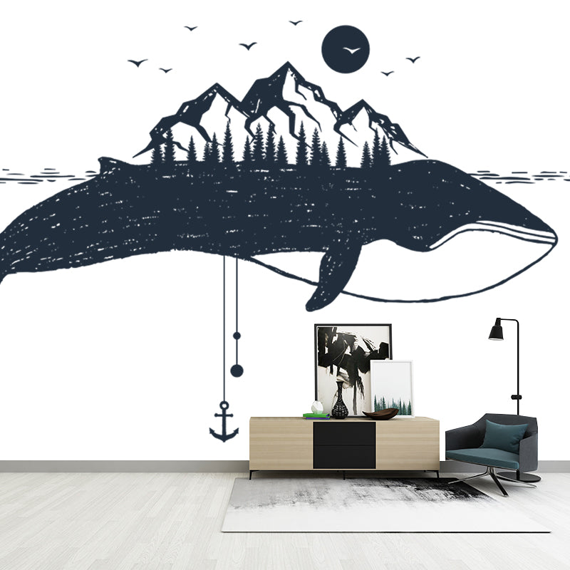Mountain on the Whale Mural Black and White Modern Art Wall Covering for Bedroom