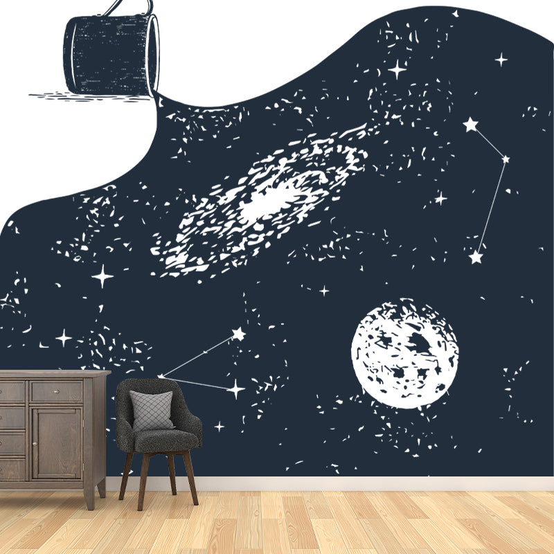 Novelty Pouring Water Wall Mural Black-White Astronomy Wall Covering for Living Room