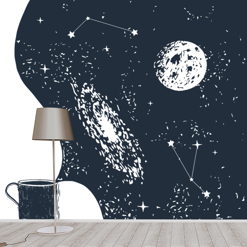 Novelty Pouring Water Wall Mural Black-White Astronomy Wall Covering for Living Room