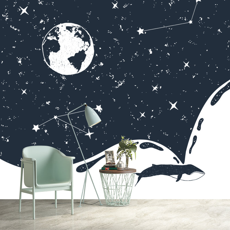 Custom Illustration Modern Mural with the Earth and Constellation Pattern in Black-White