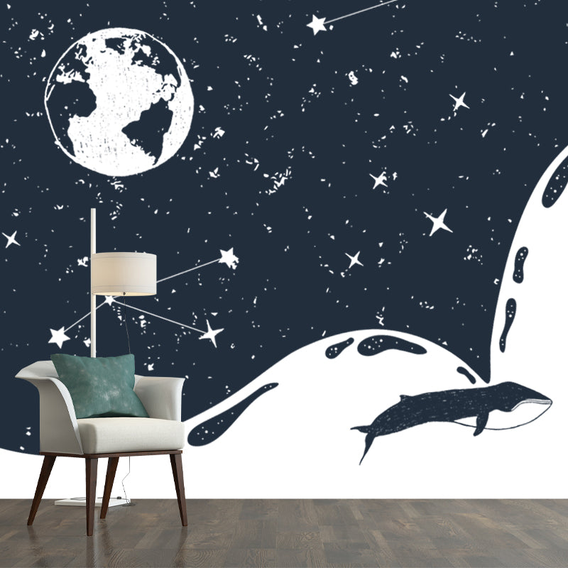 Custom Illustration Modern Mural with the Earth and Constellation Pattern in Black-White