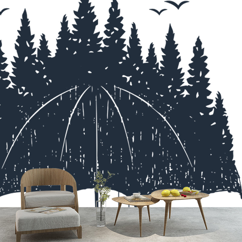 Novelty Forest on Umbrella Mural Wallpaper for Bedroom Custom Wall Decor in Black-White