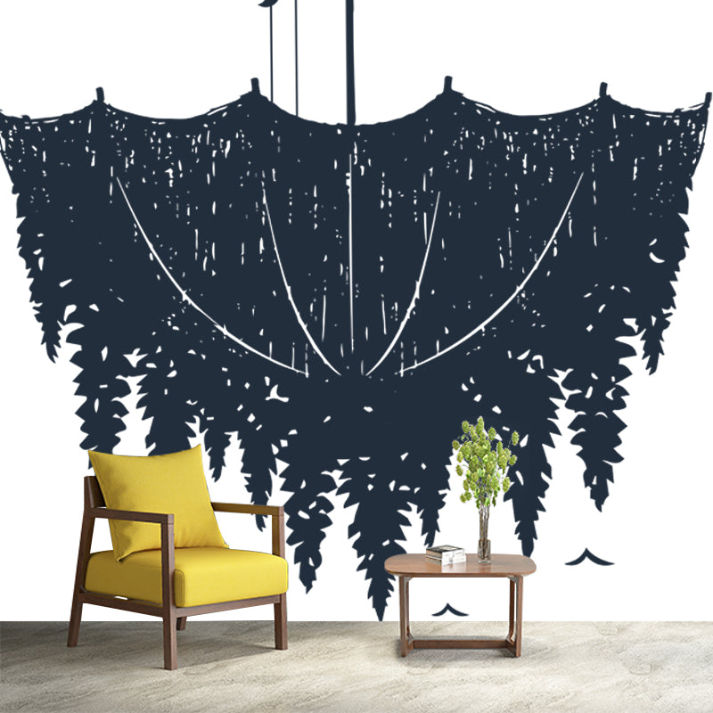 Novelty Forest on Umbrella Mural Wallpaper for Bedroom Custom Wall Decor in Black-White