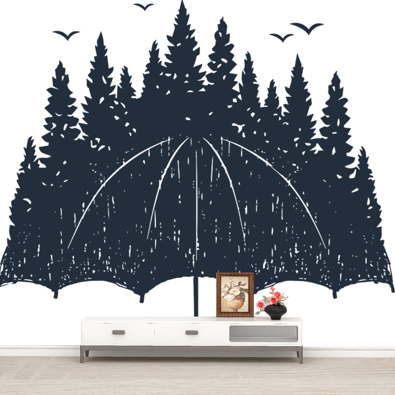 Novelty Forest on Umbrella Mural Wallpaper for Bedroom Custom Wall Decor in Black-White