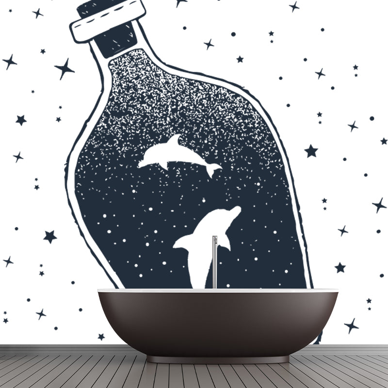 Whole Constellation Wallpaper Mural for Home Whale Inside Bottle Wall Art in Black-White, Washable