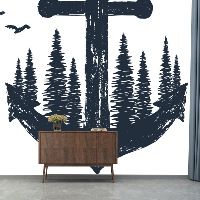 Modern Anchor Wall Mural Decal Non-Woven Waterproof Black-White Wall Decor for Bedroom