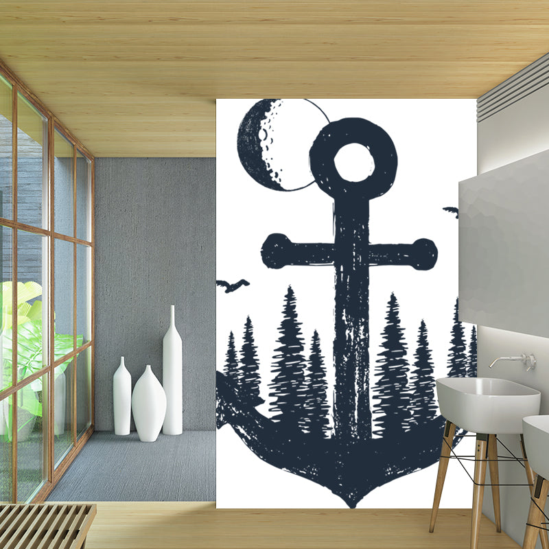 Modern Anchor Wall Mural Decal Non-Woven Waterproof Black-White Wall Decor for Bedroom