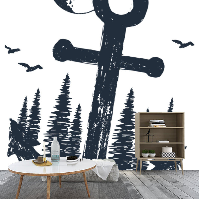 Modern Anchor Wall Mural Decal Non-Woven Waterproof Black-White Wall Decor for Bedroom
