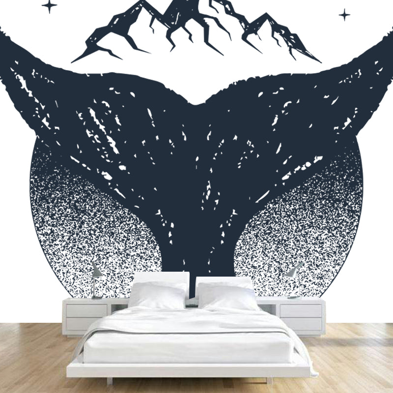 Whale Tail and Mountain Mural in Black-White Contemporary Wall Art for Home Gallery