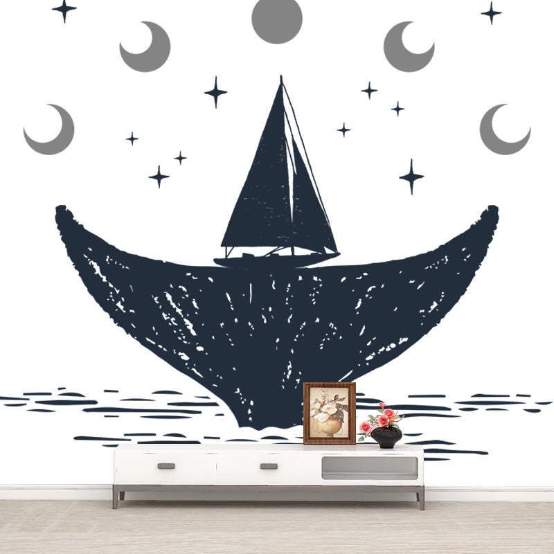 Custom Illustration Novelty Mural with Moon and Whale Tail Pattern in Black-White