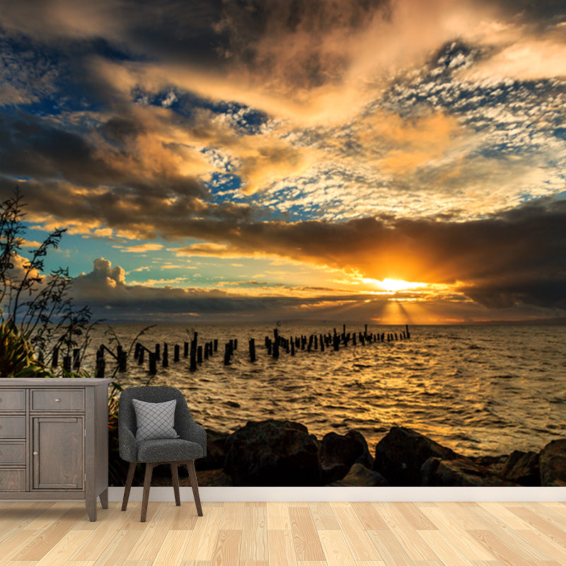 Yellow-Blue Contemporary Mural Huge Sunset Sea with Wood Breakwater Wall Covering for Home