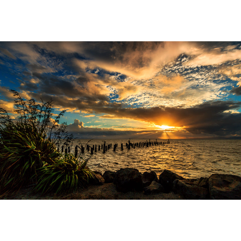 Yellow-Blue Contemporary Mural Huge Sunset Sea with Wood Breakwater Wall Covering for Home