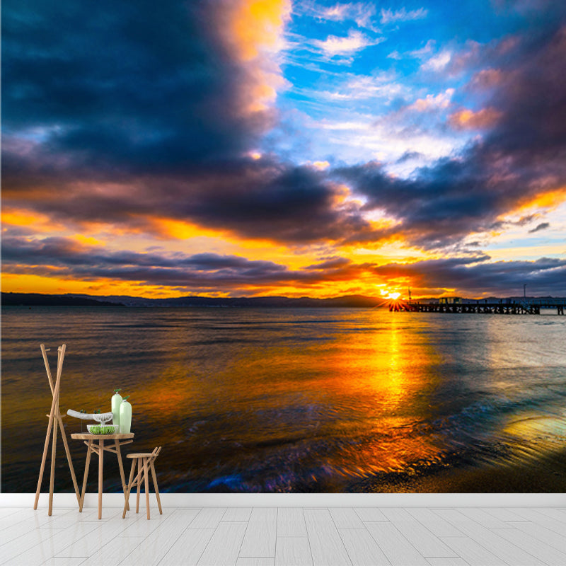 Modern Sea Evening Glow Mural Decal Blue-Yellow Waterproofing Wall Decor for Bedroom