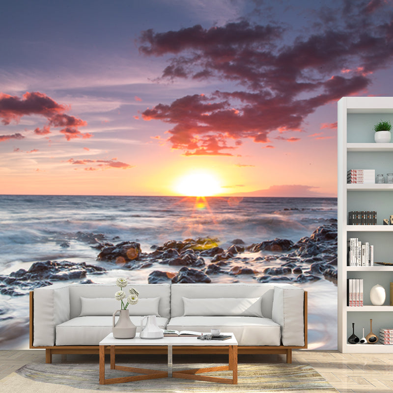 Blue-White Tide Wallpaper Mural Contemporary Sunset Seascapes Wall Art, Custom Printed