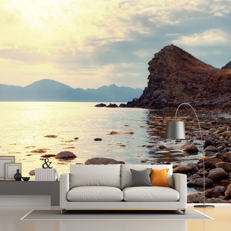 Mountain by the Sea Mural Wallpaper Blue-Brown Contemporary Wall Covering for Stairs