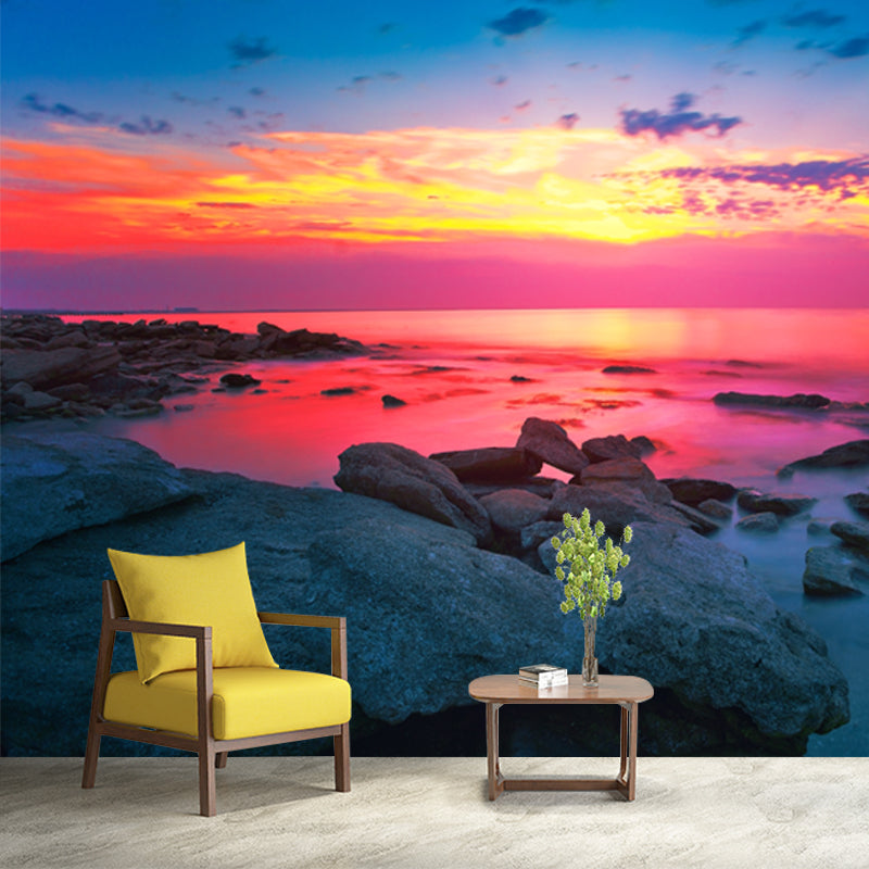 Big Tropical Wall Paper Mural Blue-Pink Coastal Rock with Evening Glow Wall Art, Custom-Made