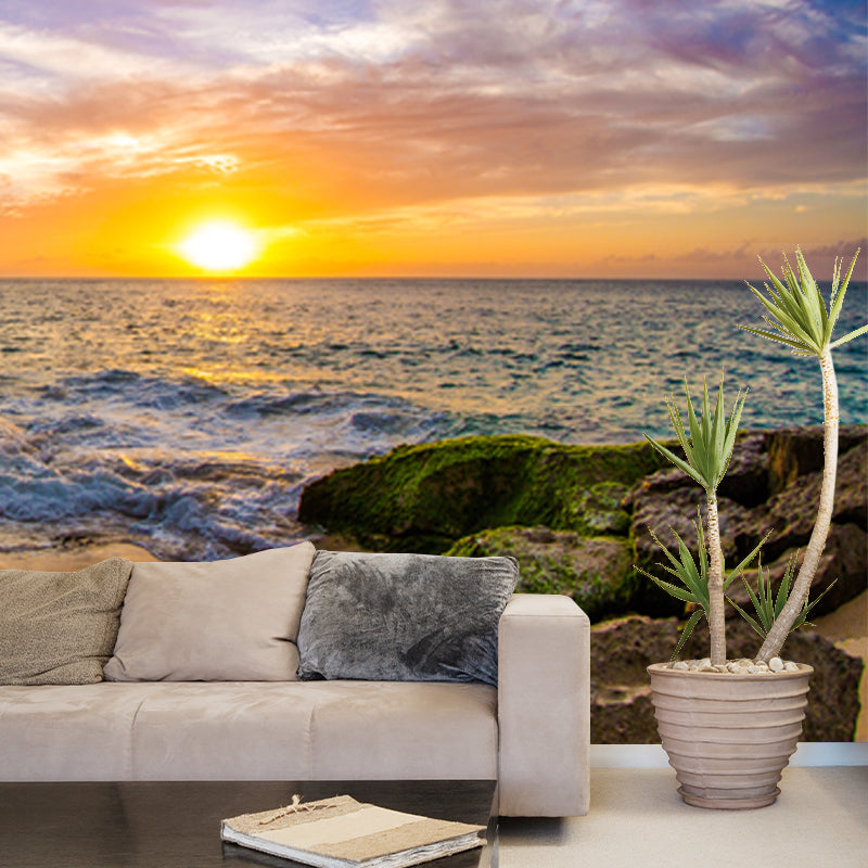 Full Size Twilight Coast Mural Wallpaper Yellow-Blue Non-Woven Wall Art, Waterproof, Custom Made